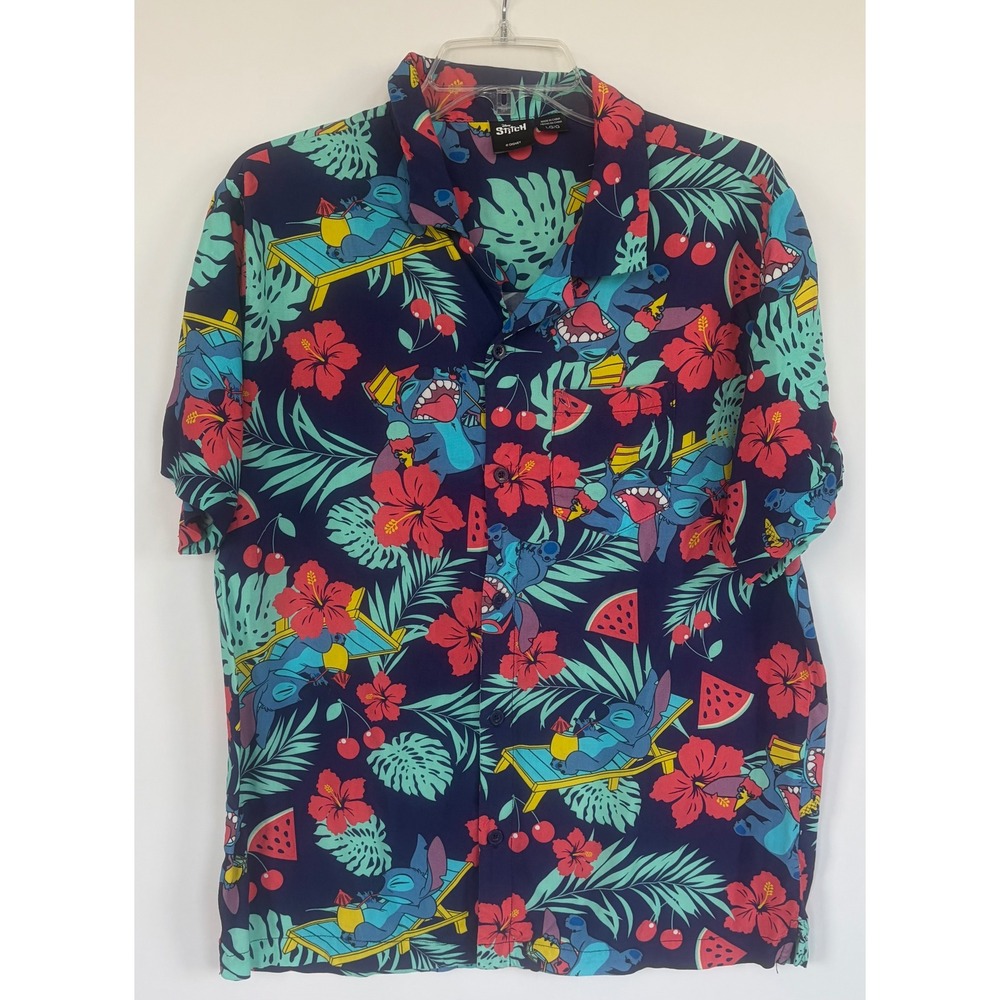 Disney Lilo & Stitch Mens Large Tropical Aloha Button Down Shirt Navy Floral
